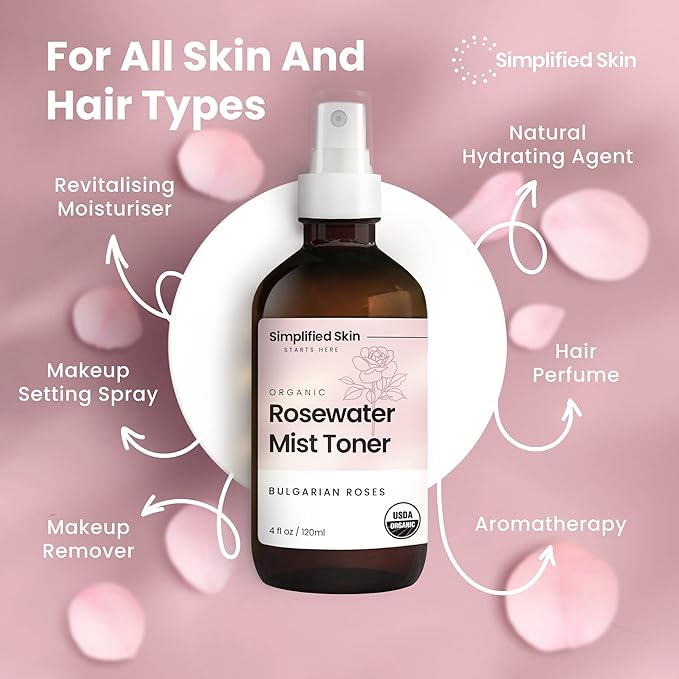Rose Water Spray for Face & Hair - Organic USDA Certified Rosewater Facial Toner - Alcohol-Free Makeup Setting Hydrating Face Mist - Anti-Aging Toner Spray - 4 Oz-Velvo Beauty