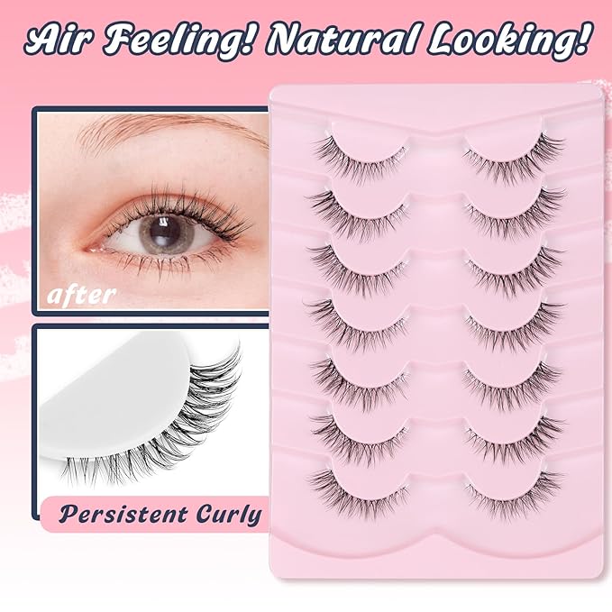 Cat Eyelashes Natural Eye Lashes 12mm False Lashes Wispy Thin Band 3D Volume Fake Eyelash C Curl Lash Pack Natural Look 7 Pair-Velvo Beauty