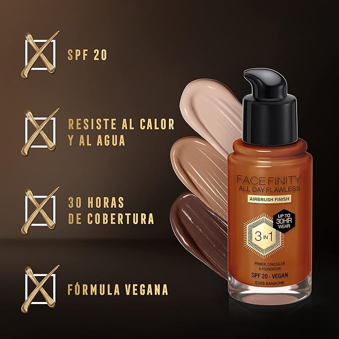 Max Factor Facefinity 3-in-1 All Day Flawless Foundation, SPF 20, Ganache, 30ml-Velvo Beauty
