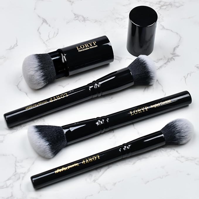 LORYP 4 Pcs Full Face Professional Makeup Brushes Set with Retractable Kabuki Airbrush For Powder,Liquid,Cream,Angled Blush Brush, Foundation Brush, Tapered Highlight Brush-Velvo Beauty