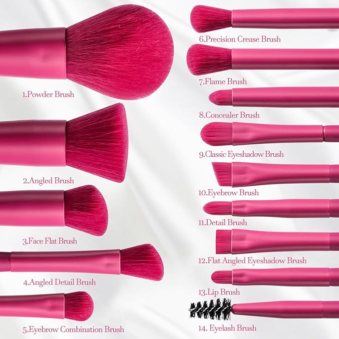 BS-MALL Travel Makeup Brush Set Foundation Powder Concealers Eye Shadows Makeup Set with LED light Mirror 14 Pcs (HotPink)-Velvo Beauty