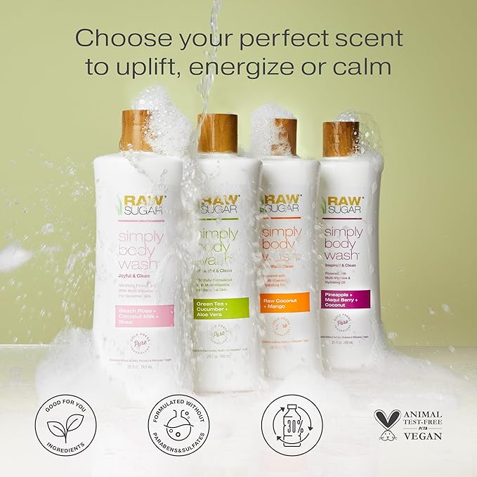 RAW SUGAR Simply Body Wash, Beach Rose + Coconut Milk + Shea (25 Fl Oz, Pack of 3) Sensitive Skin Bath Soap, Formulated without Sulfates & Parabens…-Velvo Beauty