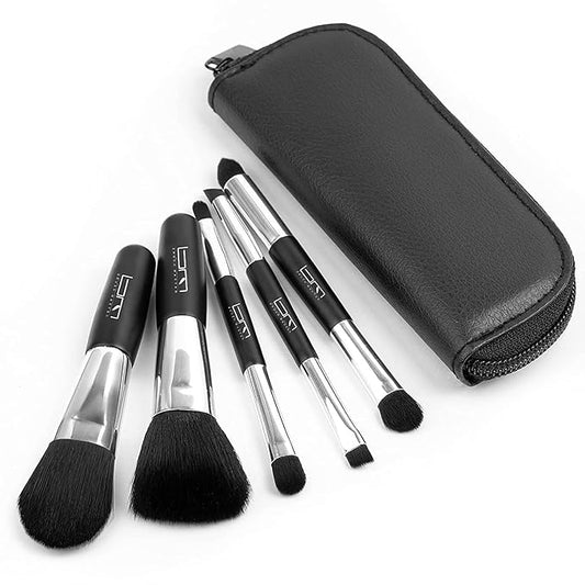 Travel Makeup Brushes Set w/Pouch, 5PCS Double Ended Portable Mini Cosmetic Brushes Kit for Foundation, Eyeshadow, Lip, Blush Make Up Brushes Professional(Black)-Velvo Beauty