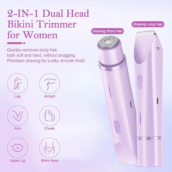 Dermave Bikini Shaver 2.0, 2025 New Glow Aura Bikini Trimmer for Women, 2 in 1 Dual Head Electric Razors for Women, IPX7 Waterproof Wet & Dry Electric Shaver, Portable Body Shaver (Purple)-Velvo Beauty