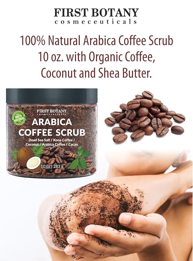 First Botany Cosmeceuticals, 100% Natural Arabica Coffee Scrub with Organic Coffee Coconut & Shea Butter Acne Anti Cellulite & Stretch Mark treatment Spider Vein Therapy, Varicose Veins Eczema, 10 oz-Velvo Beauty