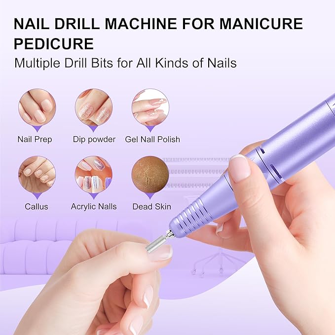 Professional Electric Nail Drill File:COSYGLOW Glitter Portable Cordless E-File Nail Drill Kit with 11 Drill Bits,30000 RPM Rechargeable Nail Drills Machine for Acrylic Nails Gel Polishing(Purple)-Velvo Beauty