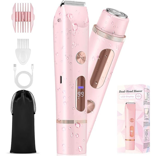 2025 Upgraded Bikini Trimmer for Women - 2 in 1 Dermave Bikini Shaver with LED Display, Dual Head Cordless Electric Shaver, IPX7 Waterproof Wet/Dry Body Hair Trimmer for Face, Body & Intimate Areas-Velvo Beauty