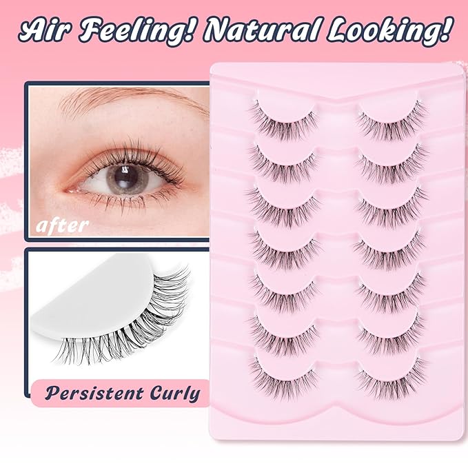 Eyelashes Natural False Lashes 14mm Eye Lashes with Thin Band 3D Volume Fake Eyelashes C Curl Wispy Lashes Natural Look 7 Pair-Velvo Beauty