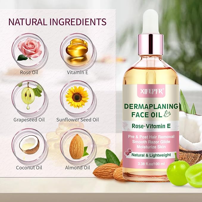 Dermaplaning Kit, Rose & Vitamin E Oil, Shave Oil with Dermaplaning Tools for Women, Facial Razor, Eyebrow Razor, Softens Area Pre Shave & After Shave-Velvo Beauty