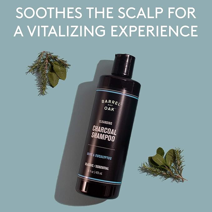 Barrel and Oak - Cleansing Charcoal Shampoo, Clarifying Shampoo, Hair Care for Men, Deep Cleans & Purifies, Hydrates & Soothes Dry Scalp, Essential Oil-Based Scent, Vegan (Mint & Eucalyptus, 16 oz)-Velvo Beauty