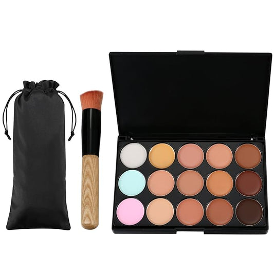15 Colors Contour Palette Kit: Cream Concealer Palette Face Makeup Foundation Kit Contour Palette with Brush for Professional and Daily Use-Velvo Beauty