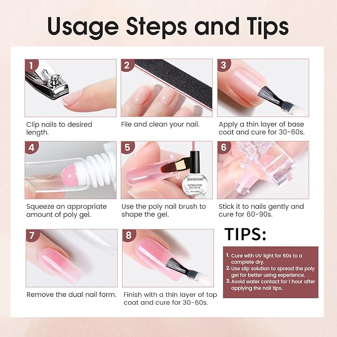 JEWHITENY Poly Extension Gel Nail Set Clear Pink Poly Nail Gel With Slip Solution Base Coat Top Coat French Manicure Need U V Lamp Curing for Finger Art and Home DIY-Velvo Beauty