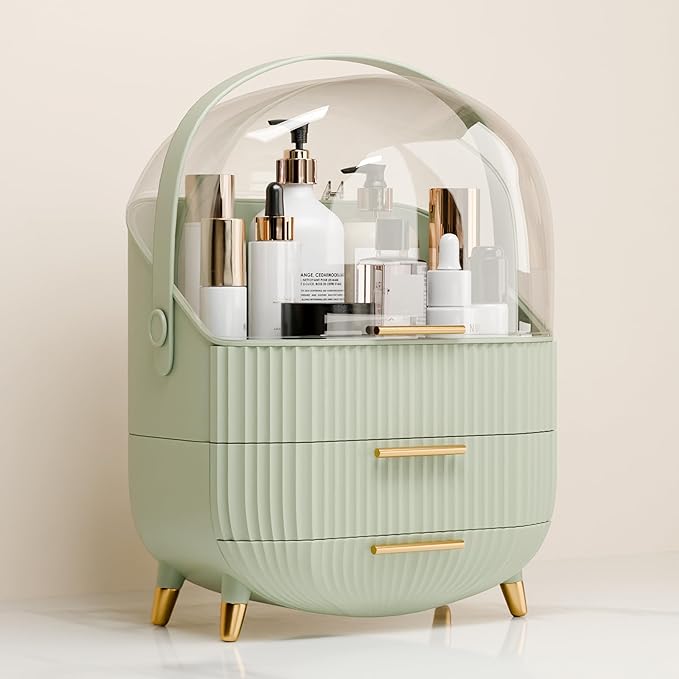 Makeup Organizers and Storage, Make up Organizer for Vanity Cosmetics Skincare Organizers With Lid and Drawers Display Cases for Countertop(Light Green)-Velvo Beauty