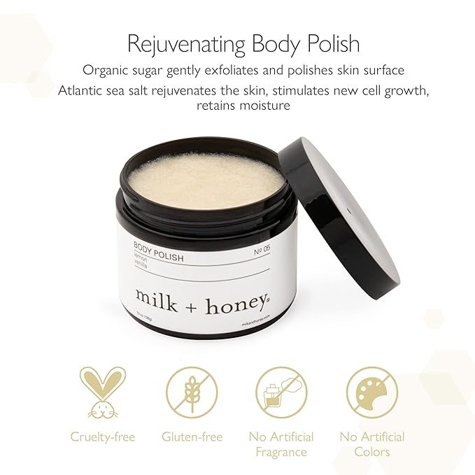 milk + honey Exfoliating Body Scrub No. 5 – Natural Sea Salt & Sugar Polish with Coconut, Lemon & Vanilla – Gentle Scrub for Sensitive Skin, Women & Men – 7 oz-Velvo Beauty