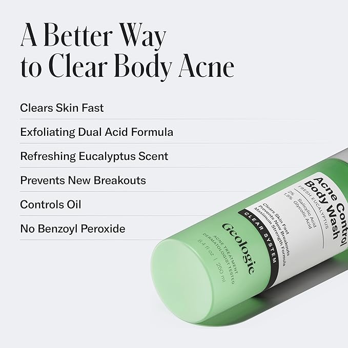 Geologie Acne Control Body Wash | Fresh Eucalyptus | 2% Salicylic Acid + 1.5% Glycolic Acid | Clears Body Acne & Prevents Breakouts | For Men & Women | No Benzoyl Peroxide | 8.4 oz-Velvo Beauty