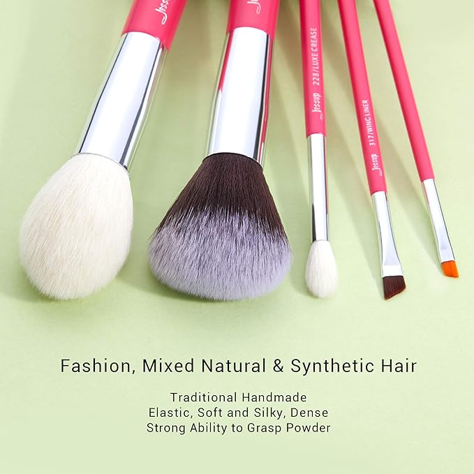 Jessup Brand 25pcs Professional Makeup Brush Set Beauty Cosmetic Foundation Powder Blusher Eye Shadow Blending Concealer Highlight Natural-Synthetic Hair Brushes Set (Rose Carmine/Silver)-Velvo Beauty