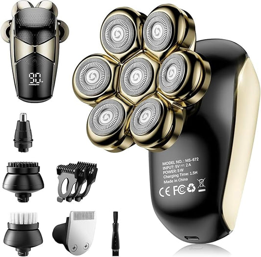 Detachable Head Shavers, SHPAVVER 5 in 1 Electric Razor IPX7 Waterproof for Bald Men, Wet Dry LED Display Rechargeable 7D Rotary Shaver Grooming Kit with Type C Charge A-Velvo Beauty