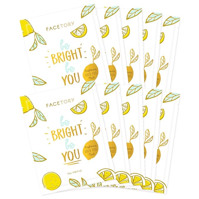 FACETORY K Beauty Face Mask Skin Care - BE BRIGHT BE YOU BRIGHTENING Sheet Mask with Gold Foil & Lemon Fruit | Glowing Gold Brightening Face Mask (10 Pack)-Velvo Beauty