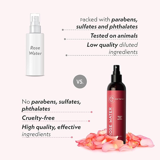 Eve Hansen Organic Rose Water Spray – Pure Rosewater Face & Hair Mist for Hydration & Refreshing Glow | Facial Toner & Makeup Setting Spray | Alcohol-Free & Vegan | 4 oz-Velvo Beauty