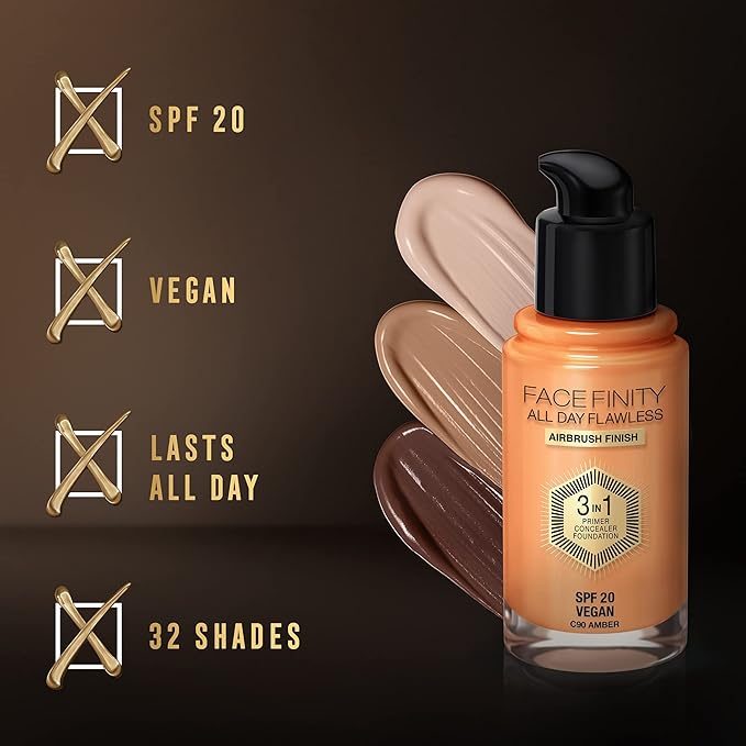Max Factor Facefinity 3-in-1 All Day Flawless Liquid Foundation, SPF 20-90 Amber, 30 ml-Velvo Beauty