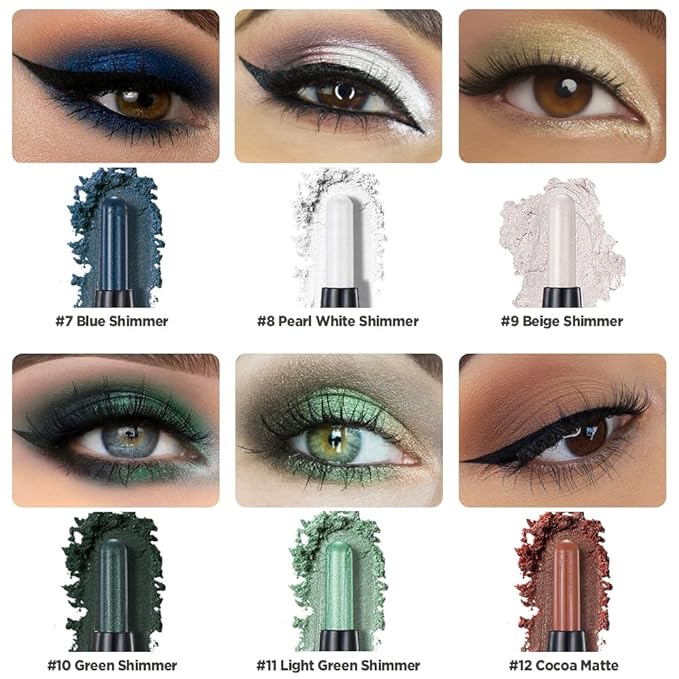 6Pcs Cream Eyeshadow Sticks Set, Champagne Pearl Brown Cocoa Stone Green Sliver Shimmer Matte Waterproof Eye Brightener Stick Palette for Eye Makeup 02 (6Pcs-02)-Velvo Beauty