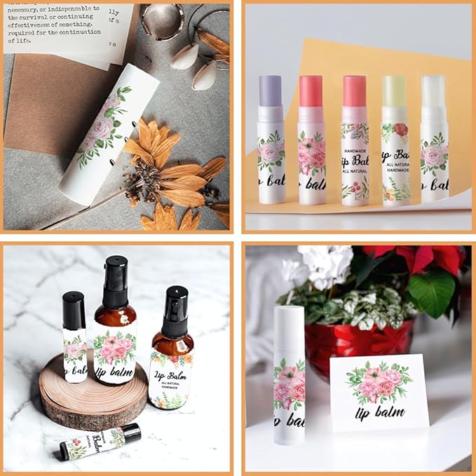 OLYCRAFT 100Pcs 4 Styles Flower Lip Balm Labels Stickers 2.1x1.7 inch Self-Adhesive Favor Lip Balms Flower Stickers with Handmade Words for Lipstick Wrapping Decorations Birthday Party Supplies-Velvo Beauty