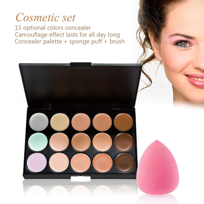 Concealer Palette, 15 Colors Makeup Palette Facial Camouflage Contour Palette with Sponge Puff Oval & Makeup Brush Beauty Make up Cream-Velvo Beauty