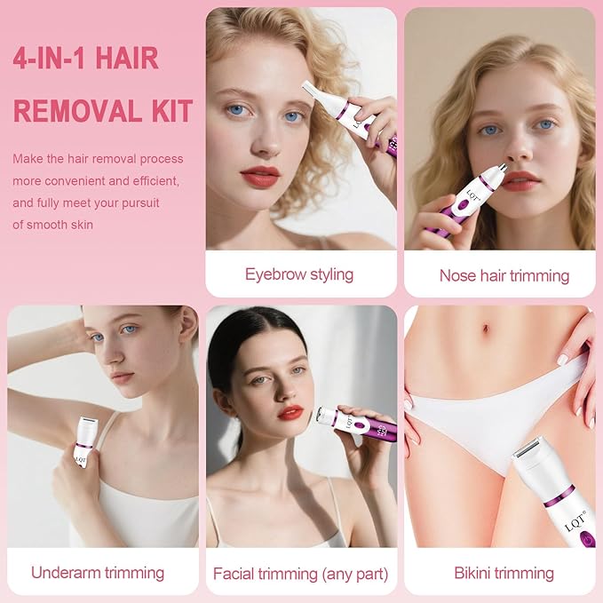 Electric Bikini Trimmer for Women,Led Power Display Removal for Body Nose Hair Trimmer Face Shavers Eyebrow Legs Armpit Bikini Area Pubic Underarms Rechargeable Portable 4 in 1 Womens Razors Set-Velvo Beauty