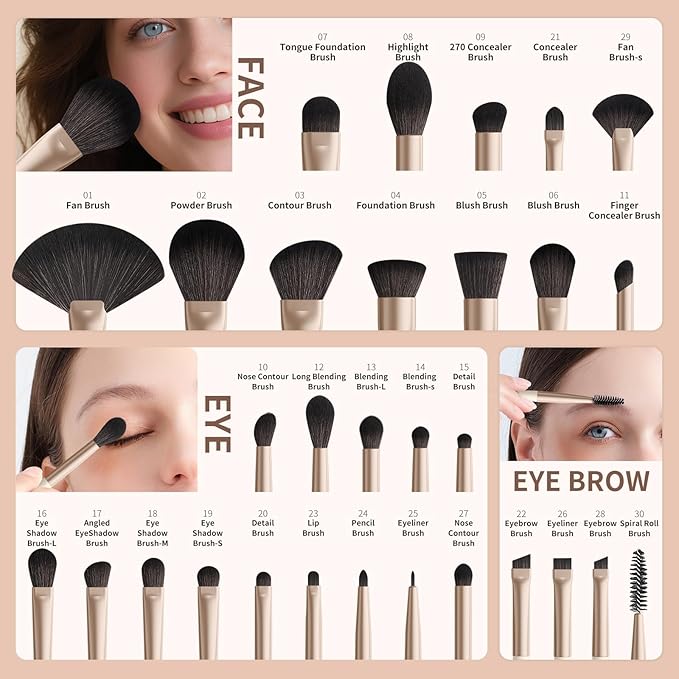 docolor Makeup Brushes Professional 30Pcs Make up Brushes Set Premium Synthetic Kabuki Foundation Blending Brush Face Powder Blush Concealers Eye Shadows Beige-Velvo Beauty