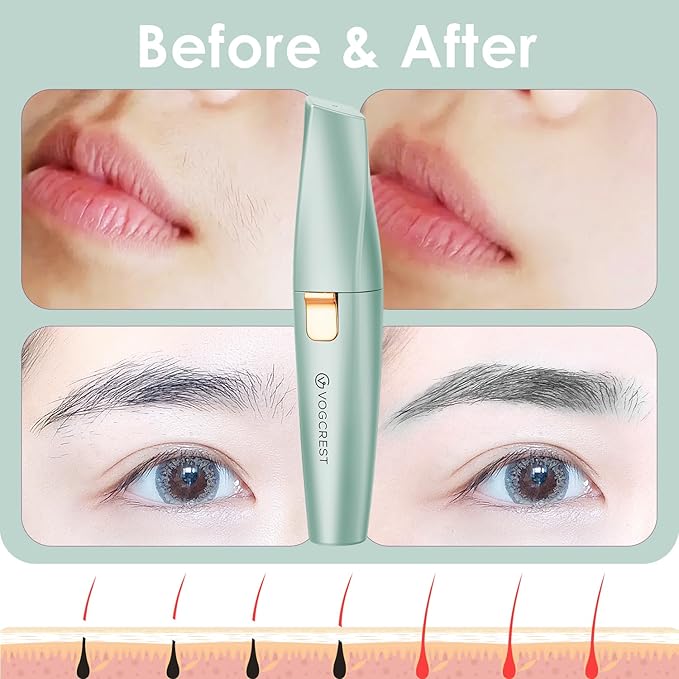 Eyebrow Facial Trimmer: 2 in1 Rechargeable Facial Hair Removal and Eyebrow Shaver - Face Lips Body Painless Facial Razor with Built-in LED Light (Pastel Green)-Velvo Beauty