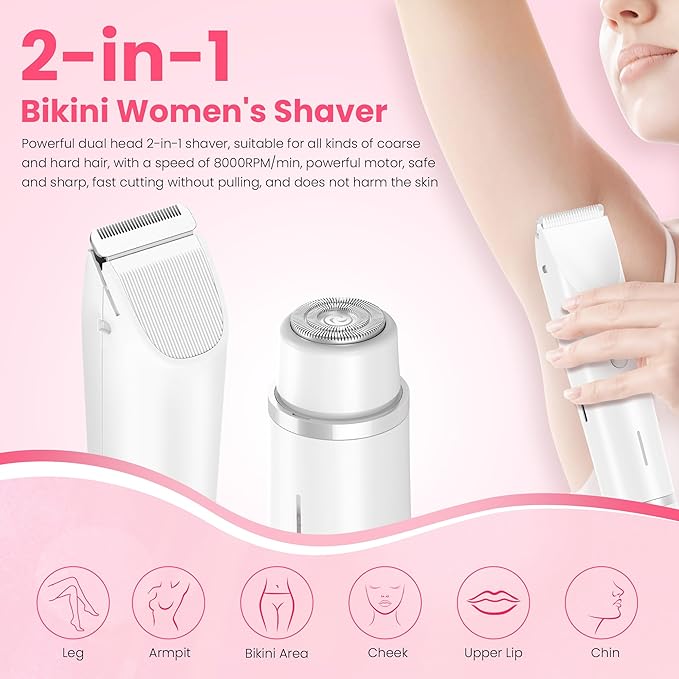 Bikini Trimmer for Women-2 in 1 Electric Razors for Women,USB Rechargeable Bikini Electric Shaver,IPX7 Waterproof Dry & Wet Use Body Hair Trimmer and Facial Hair Remover for Underarm Leg Body,White-Velvo Beauty
