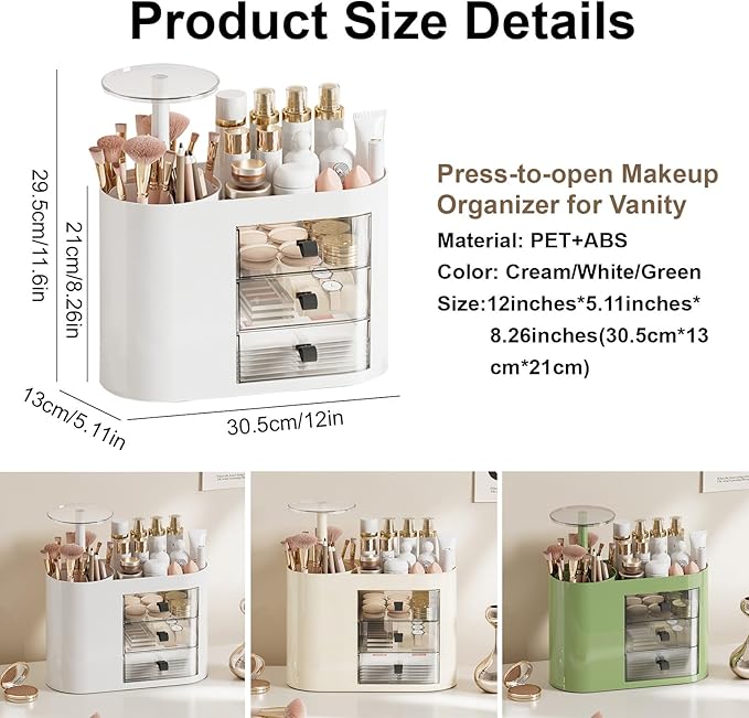 DASITON Makeup Organizer with 3 Drawers,Automatic Lifting Makeup Brush Holder with Lid,Large Capacity Makeup Organizers for Vanity,Bathroom Countertop,Ideal Storage Skin Care,Brushes,Lipstick (White)-Velvo Beauty