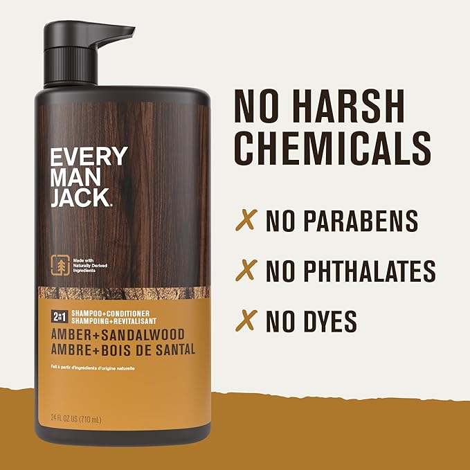 Every Man Jack 2-in-1 Daily Shampoo + Conditioner - Amber + Sandalwood | Nourishing For All Hair Types, Naturally Derived, Cruelty-Free Shampoo and Conditioner Set for Men | 24oz -1 Bottle-Velvo Beauty