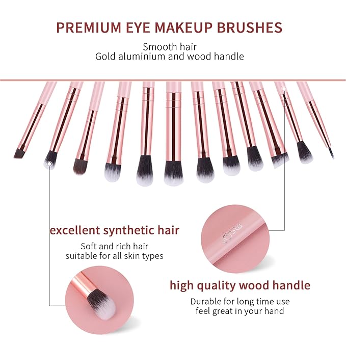 MSQ Eye Makeup Brushes Set with Soft Synthetic Hairs & Real Wood Handle for Eyeshadow, Eyebrow, Eyeliner, Blending (Pink), 12pcs-Velvo Beauty
