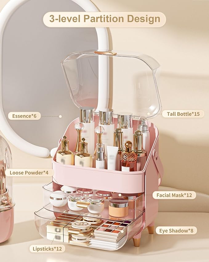 Makeup Organizer, Skincare Holder Bathroom Counter Organizer, Storage Box Cosmetic Display Cases, Teen Girl Gifts Trendy Stuff Make up Organizers for Vanity, Dresser, Countertop (Pink)-Velvo Beauty