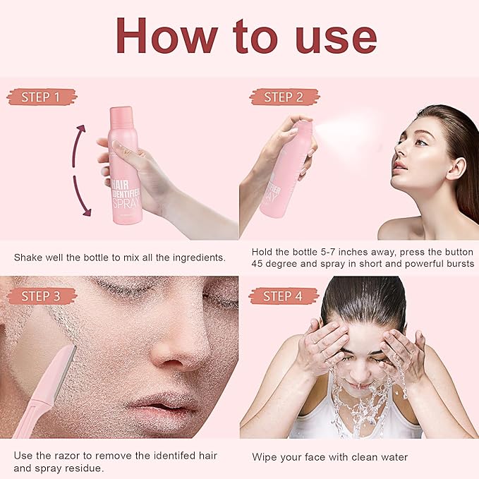 Hair Identification Spray for Facial Shaving - Removes hair and dead skin, Women's Facial Shaving Powder Spray - Moisturizing Skin Care Set, Suitable for sensitive skin/unisex, with 4 Razors (1Set)-Velvo Beauty