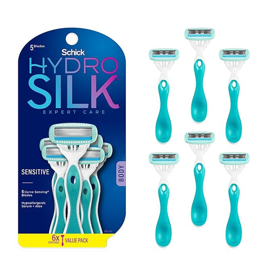 Schick Hydro Silk Sensitive Women's Disposable Razors, 6ct | 5-Blade Disposable Razors for Women Sensitive Skin | Travel Razor for Women-Velvo Beauty