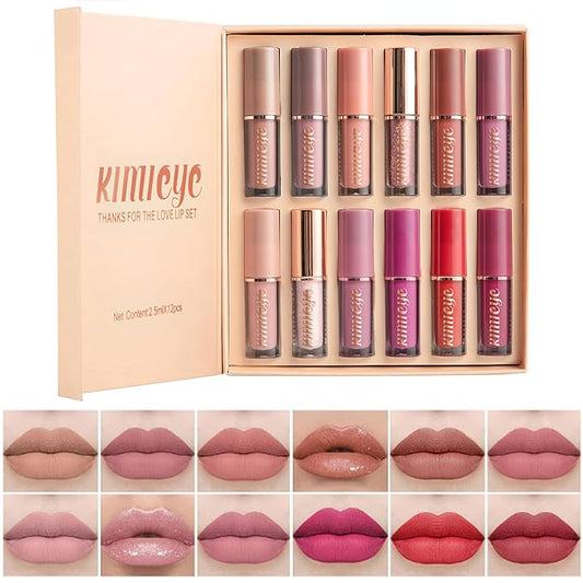 12Pcs Velvet Matte Liquid Lipstick Set, Waterproof Long Lasting Quick-drying Non-Stick Cup Nude Lip Stain Kit, Up to 24H Wear, Professional Lip Makeup Gift Kit for Women (SET A)-Velvo Beauty