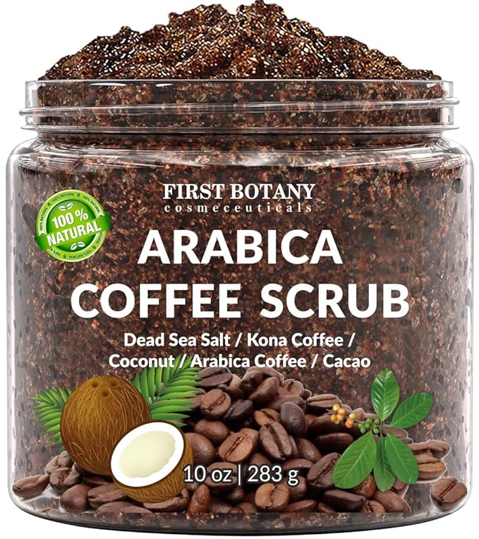 First Botany Cosmeceuticals, 100% Natural Arabica Coffee Scrub with Organic Coffee Coconut & Shea Butter Acne Anti Cellulite & Stretch Mark treatment Spider Vein Therapy, Varicose Veins Eczema, 10 oz-Velvo Beauty