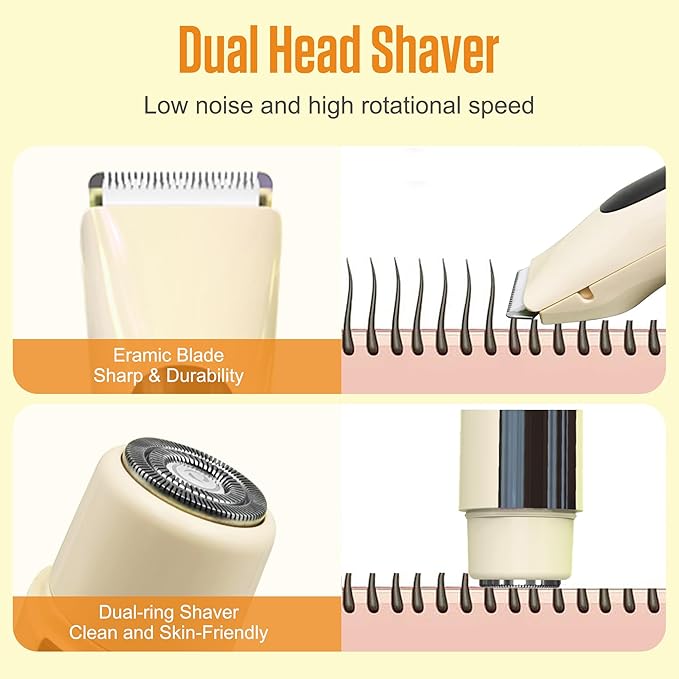 2 in 1 Bikini Trimmer for Women Dual Head Electric Shaver with LED Display,IPX7 Waterproof Wet & Dry, Painless Shaver for Underarm Leg Arm Body Face Private Area Khaki-Velvo Beauty