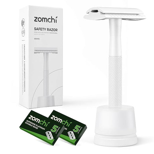 ZOMCHI Double Edge Safety Razor with Stand for Men, Women Razor with 10 Double Edge Safety Razor Blades, Plastic Free Metal Razor – White-Velvo Beauty