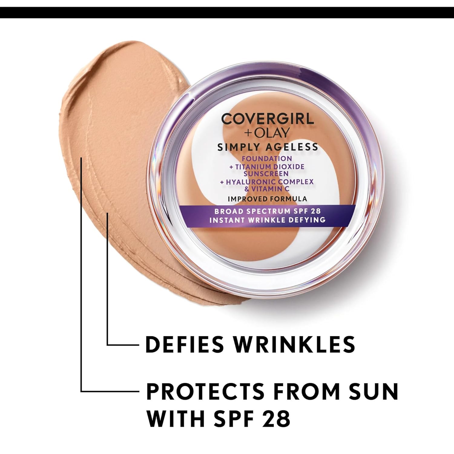 COVERGIRL Simply Ageless Instant Wrinkle Defying Foundation, SPF 28, Hyaluronic Complex & Vitamin C - 245 Warm Beige, Pack of 1-Velvo Beauty