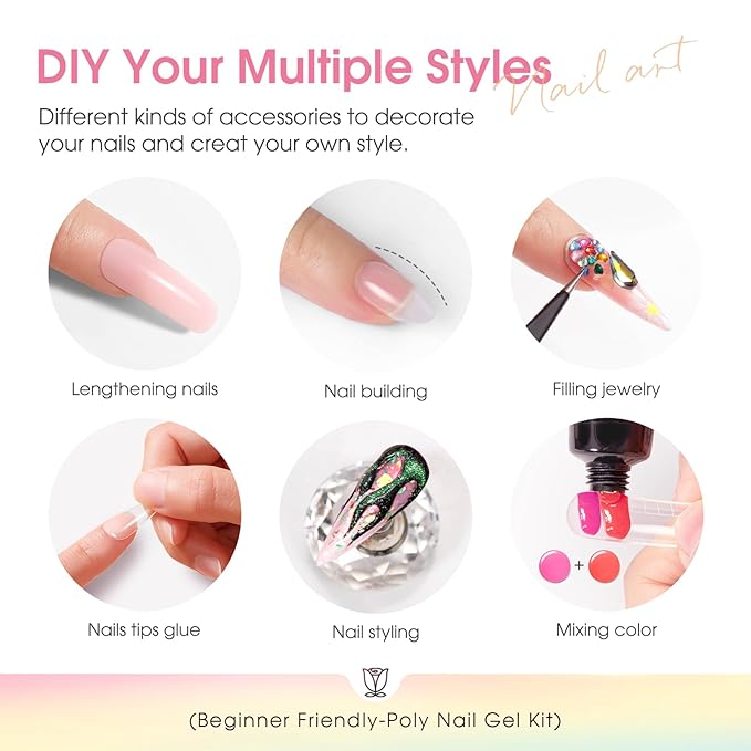 ROSALIND Poly Nail Gel Kit -14 Colors Nail Art Accessories kit Clear Nude Nail Extension Gel Starter with Slip Solution White Nude Pink Nail Extensions Gels Set with Mini UV Lamp-Velvo Beauty