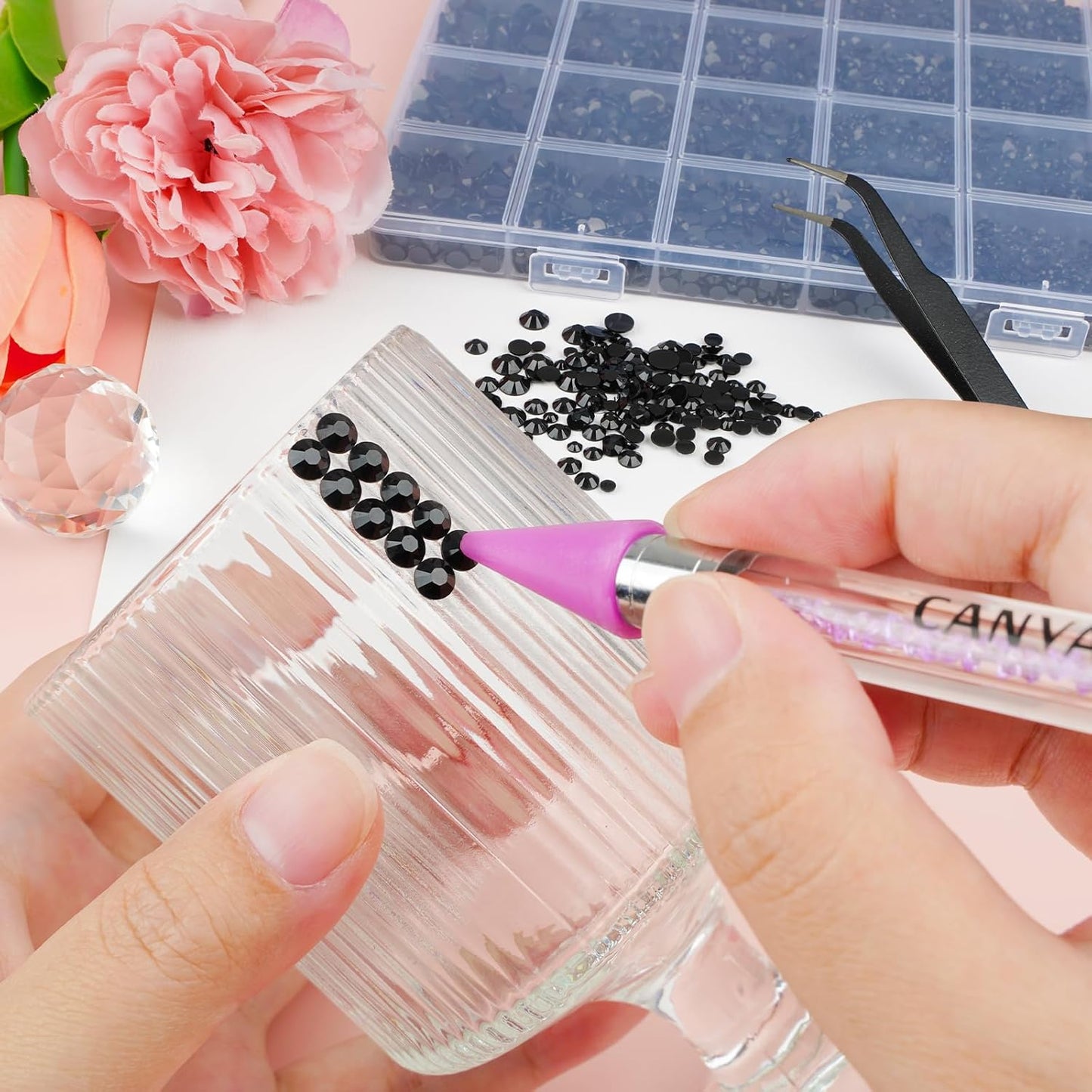 Canvalite 25000PCS Resin Jelly Rhinestones for Crafting, Black Flatback Gems, Bedazzling Crystal with 5x2.5g B7000 Jewelry Glue and Tweezers Dotting Pen for DIY Crafts Clothing Shoes Nail Art-Velvo Beauty