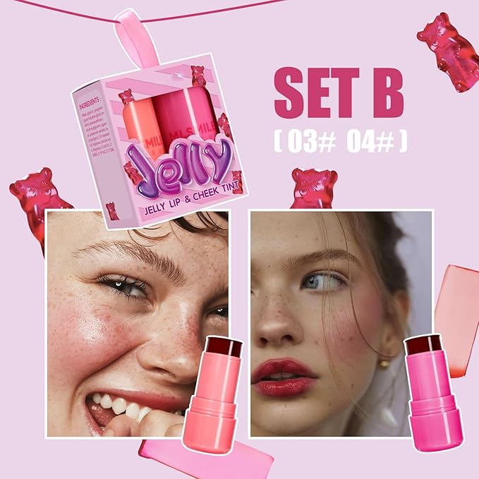 2 Pcs Milk Jelly Blush, Milk Cooling Water Jelly Tint, Vivid Color Water Jelly Tint Milk Blush, Sheer Eye Lip & Cheek Stick Stain, Long Wearing, Watercolor Finish Lip Gloss for Women, 03&04-Velvo Beauty