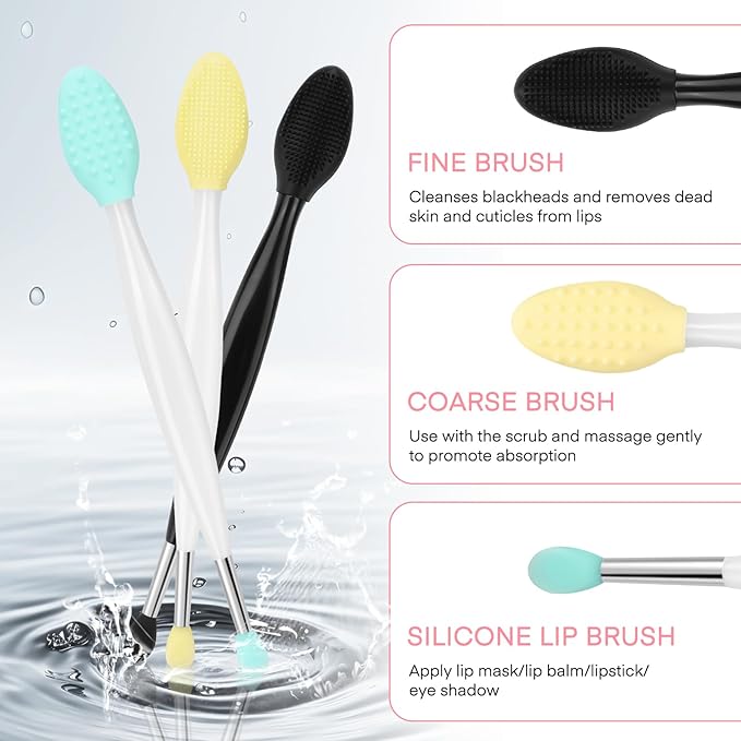 Unaone Lip Scrub Brush - 3 PCS Dual-ended Lip Scrubber Exfoliator and Silicone Lip Brush, 2-in-1 Silicone Lip Scrub Tool Lip Mask Applicator, Gentle Exfoliator & Applicator for Soft-Velvo Beauty