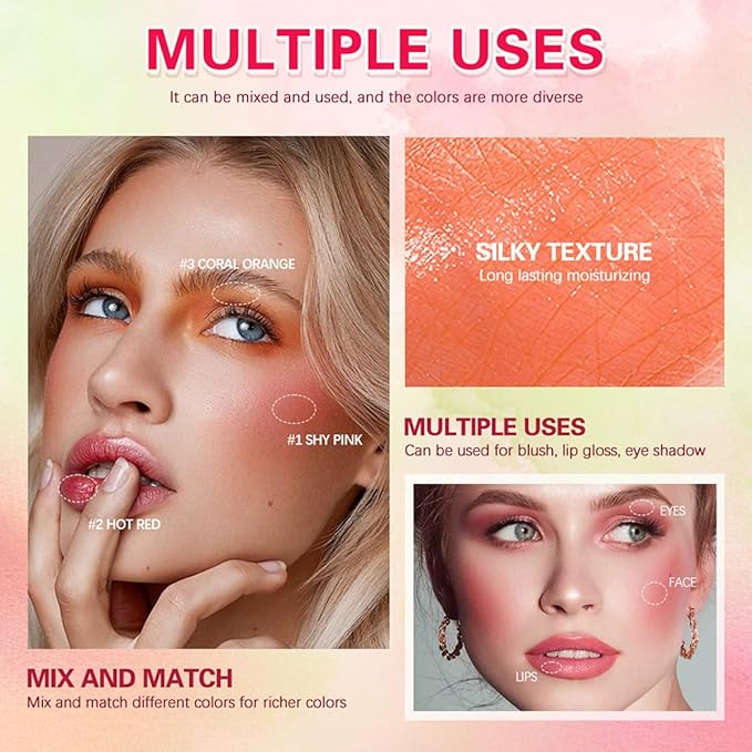 Multi-Purpose Makeup Blush Stick, 3-in-1 Beauty Tinted Solid Blush Stick For Cheeks, Lips And Eyes Waterproof Natural Cream Blush Stick With Long-Lasting Moisturizing Formula (#3Coral Orange)-Velvo Beauty