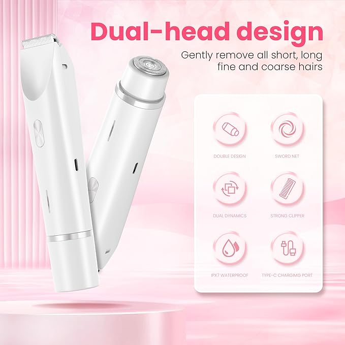 Bikini Trimmer for Women-2 in 1 Electric Razors for Women,USB Rechargeable Bikini Electric Shaver,IPX7 Waterproof Dry & Wet Use Body Hair Trimmer and Facial Hair Remover for Underarm Leg Body,White-Velvo Beauty