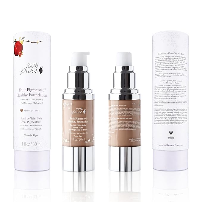100% PURE Healthy Foundation Full Face Coverage Makeup, Liquid Matte Finish with Anti-Aging Benefits - Vegan Gorgeous Fruit Pigmented Toffee Color (Tan with Neutral Undertone) - 1 Fl Oz-Velvo Beauty