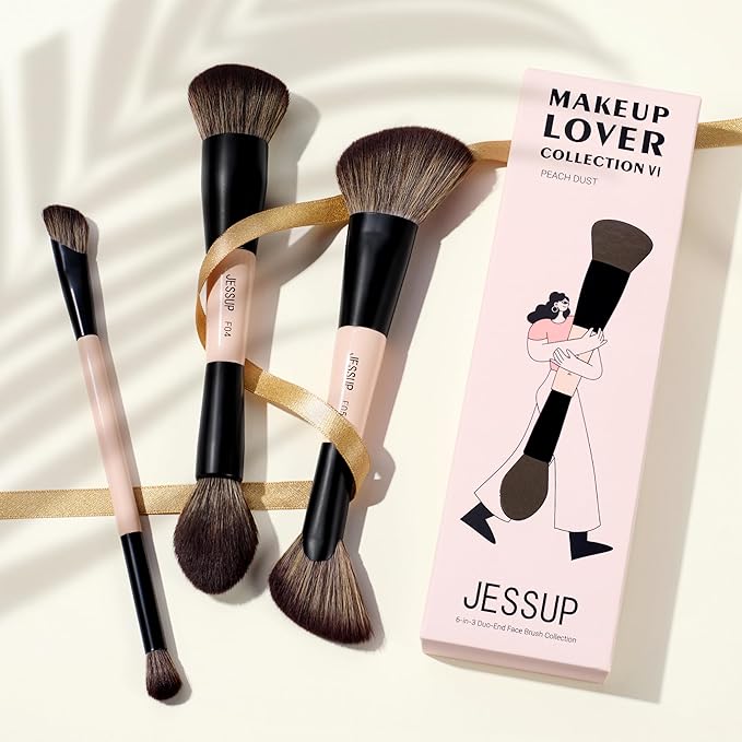 Jessup Face Makeup Brushes 3pcs Double Ended Makeup Brush Set for Foundation Contour Blush Highlight and Powder, Premium Synthetic Make up Brushes Peach Dust T508-Velvo Beauty